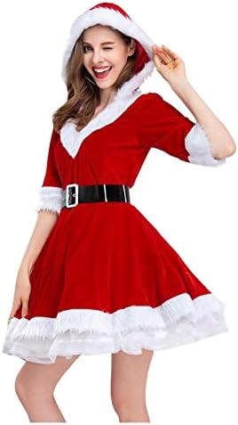 Vianočné šaty pre ženy červené zelené Sviatočné šaty kostým Santa Clausa Retro Cosplay Párty Maxi šaty s kapucňou s opaskom