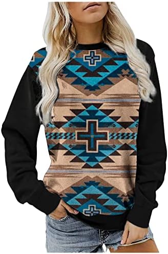 Dámske Západné Aztec geometrické mikiny Etnické grafické tričko s dlhým rukávom Retro Pulóver voľné vybavené