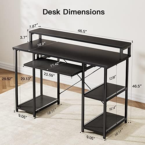 Počítačový stôl NOBLEWELL s úložnými policami, 47-palcový stôl pre domácu kanceláriu so stojanom na Monitor,
